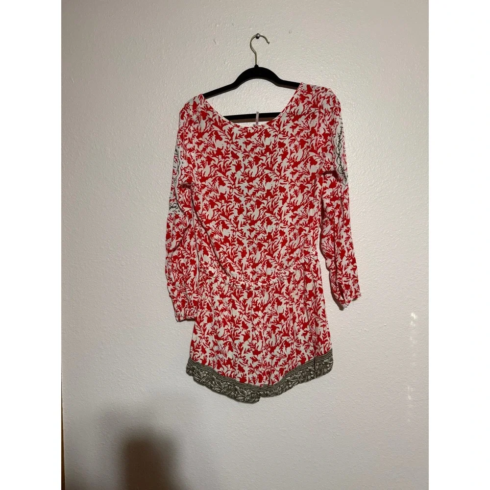 Free People Red White Botanical Print Long Sleeve Romper Button Front Medium‎